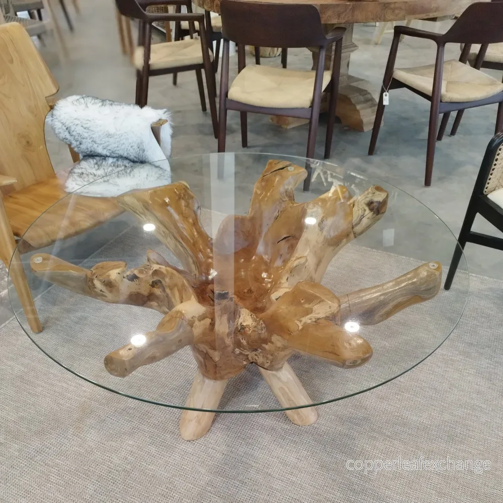 Teakrot Soffbord Glasskiva Ø110 cm | Unikt Naturligt Trä - Bild 2