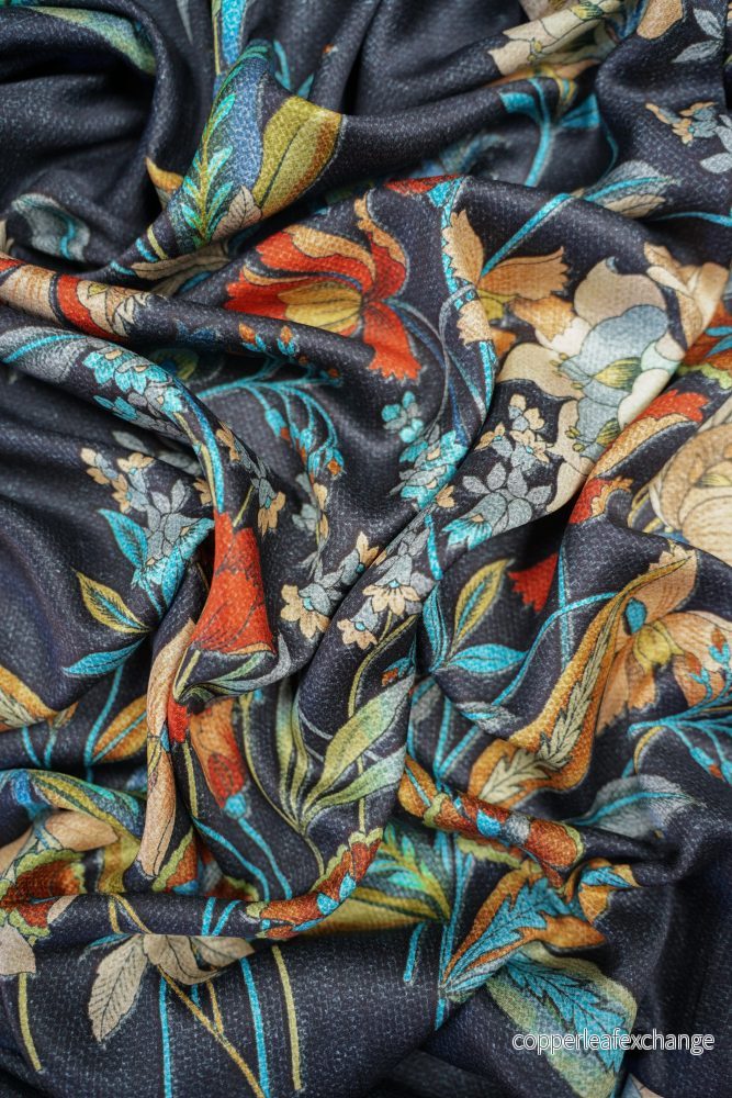 Viscose Satin – Patterned – Floral – Large – Navy Blue – 2576