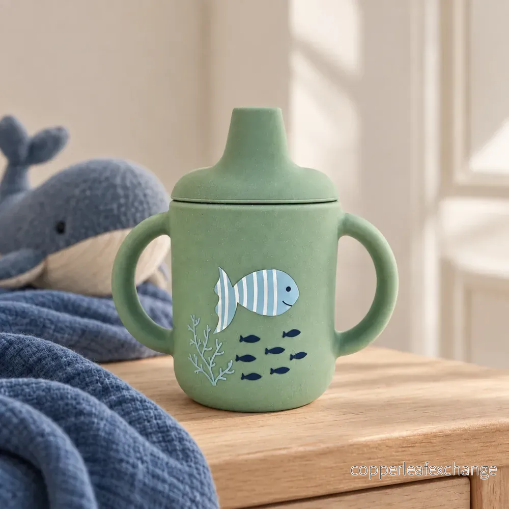 Spillfri silikonmugg med handtag – Cameo Green Ocean - Bild 2