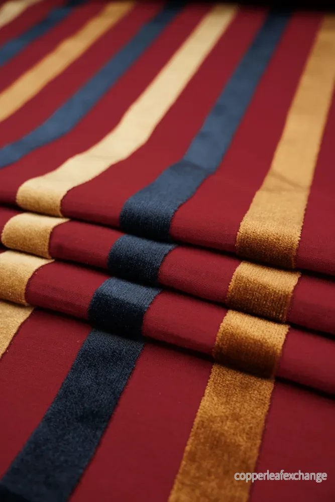 Vintage – Upholstery Fabric – Striped – Velvet – Burgundy, Blue – V9