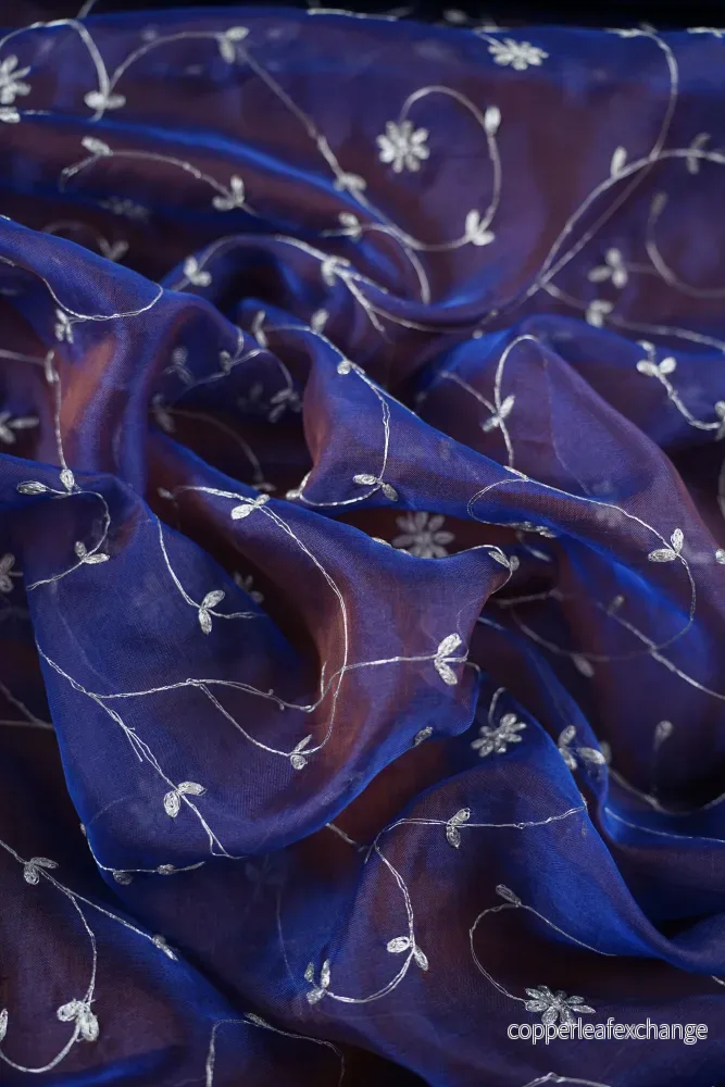 Vintage – Embroidered – Silk Organza – Silver – Blue – VS42