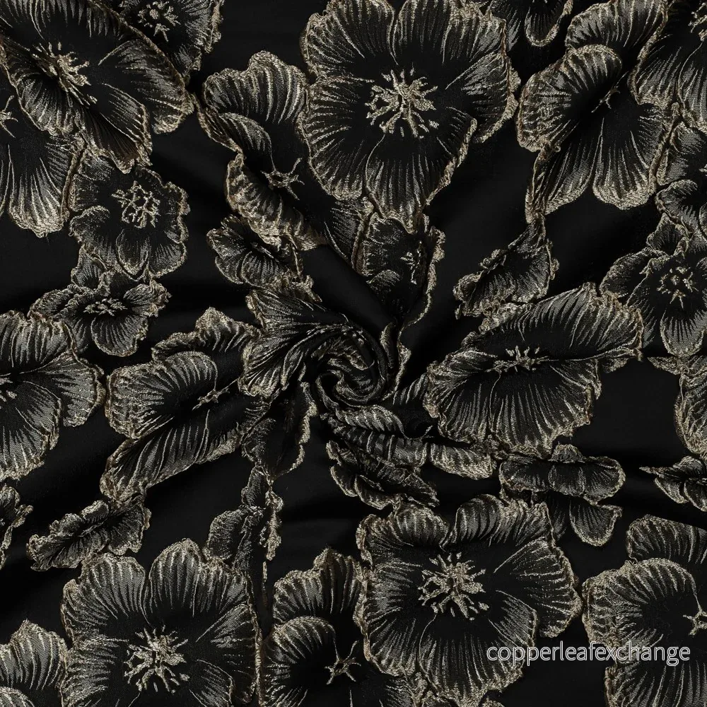 Patterned – Brocade – 3D Flowers – Black, Gold – 001