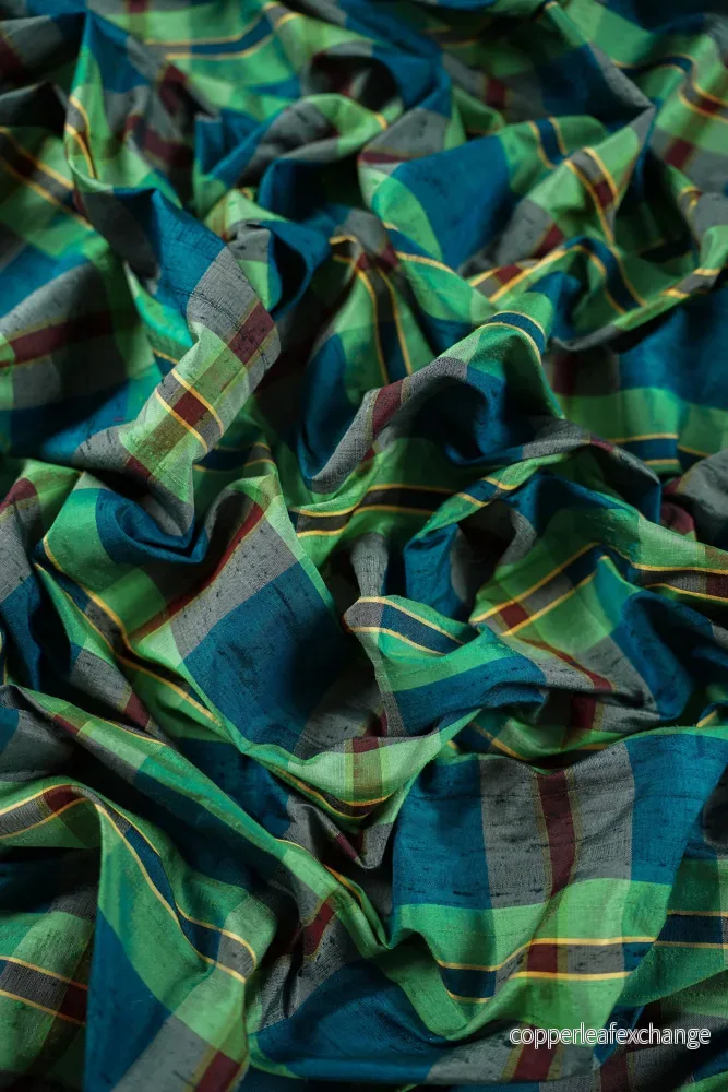 Vintage – Thai silk – Plaid – Green, Blue – VT60 Vintage – Thai silk – Plaid – Green, Blue – VT60