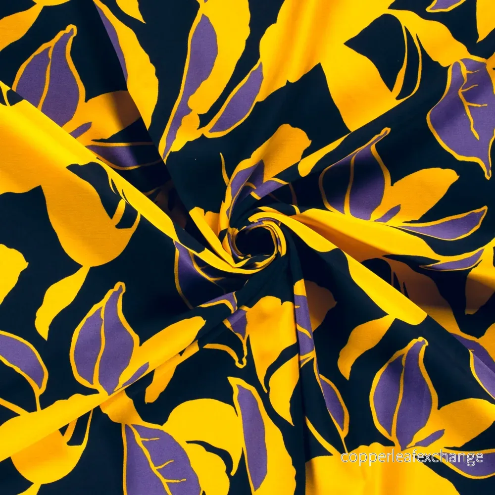 Patterned Viscose - Twill, Stonewashed - Flowers - Yellow, Purple, Black - Bild 3