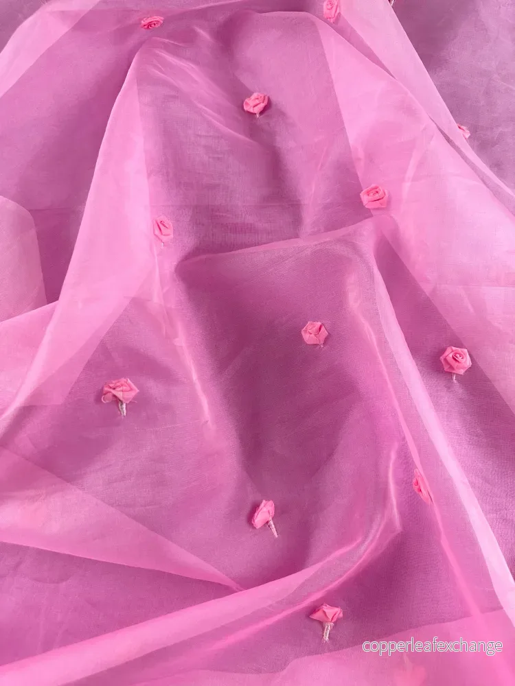 Vintage, Silk Organza with Fabric Roses – Pink – Rose – VS25 Vintage, Silk Organza with Fabric Roses – Pink – Rose – VS25