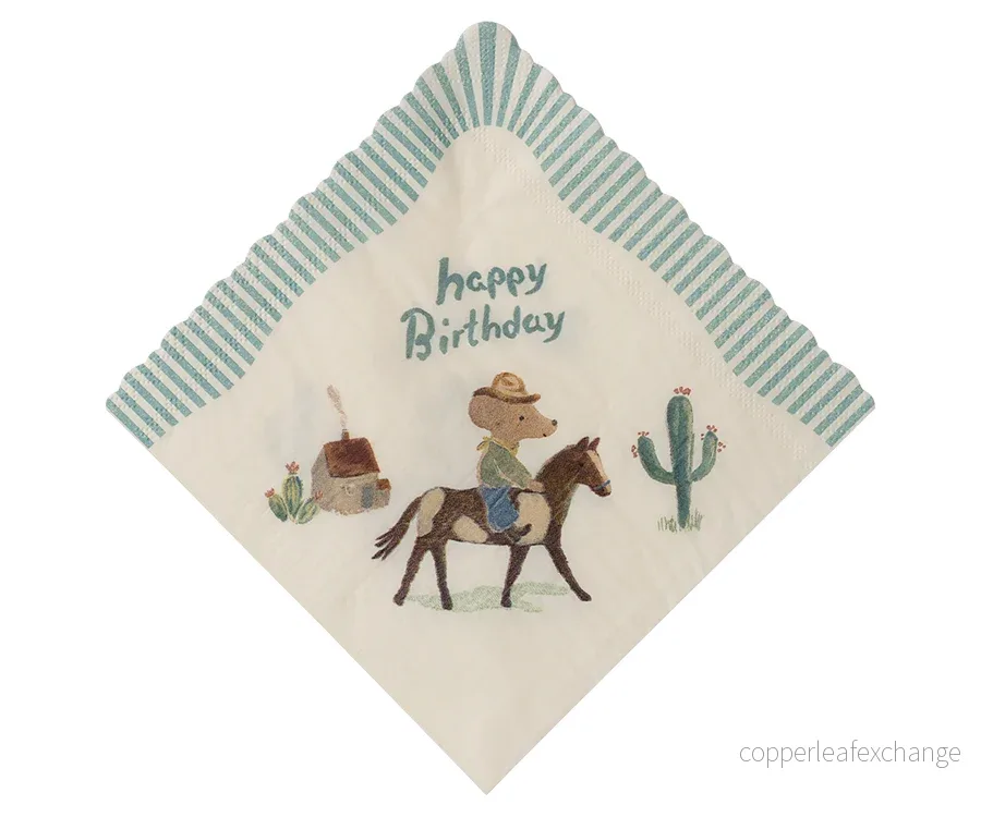 Maileg – Servetter mint/grön, Grattis på födelsedagen, Cowboy mus - Bild 2