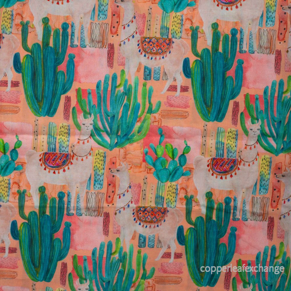 Cotton voile – Patterned – Alpacas and cacti – Coral – 01.140 Cotton voile – Patterned – Alpacas and cacti – Coral – 01.140
