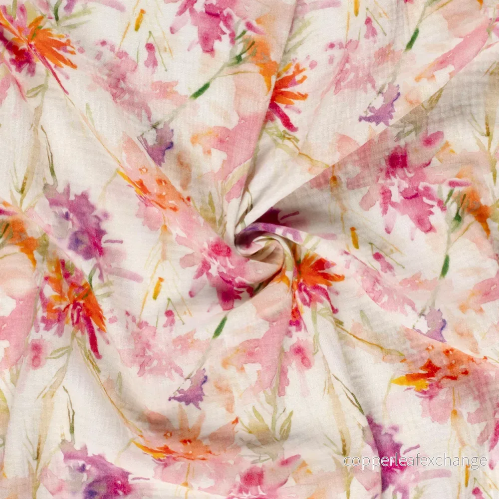 Patterned Muslin – Double Gauze – Watercolor – Flowers – 050