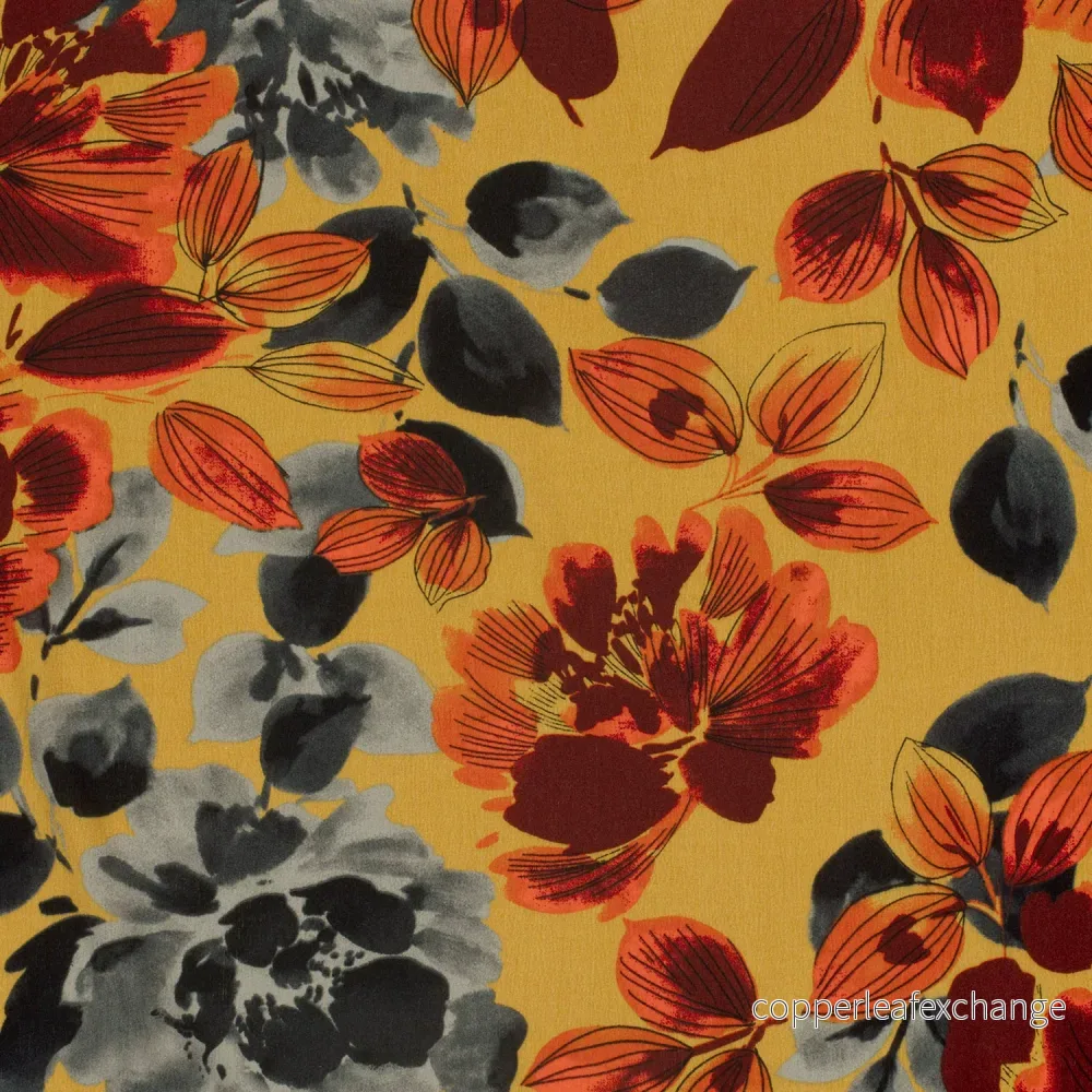 Patterned – Viscose – Crêpe – Flowers – Okra – 034