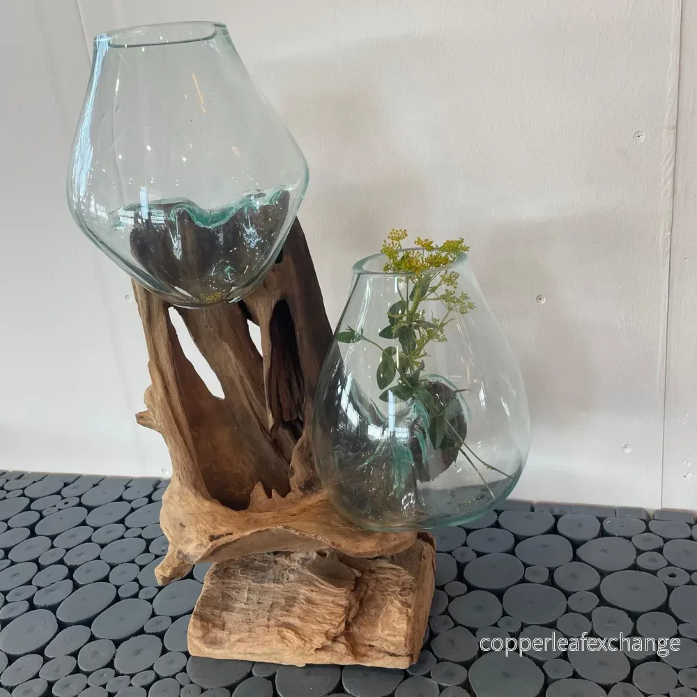 Twin Glasskål med Teakrot - Handblåst Glas 48×45 cm från Bali - Bild 2