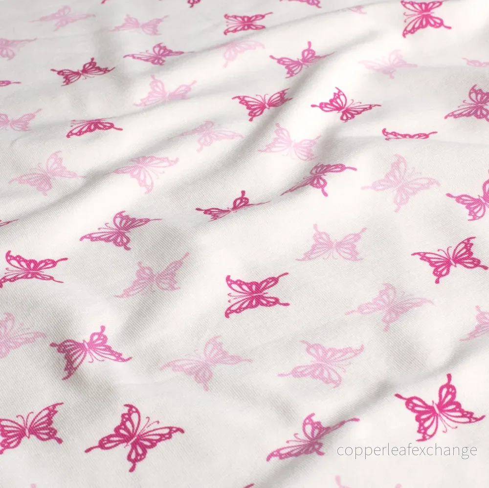 Patterned Cotton Jersey – Butterflies – 200g – Pink, White Patterned Cotton Jersey – Butterflies – 200g – Pink, White
