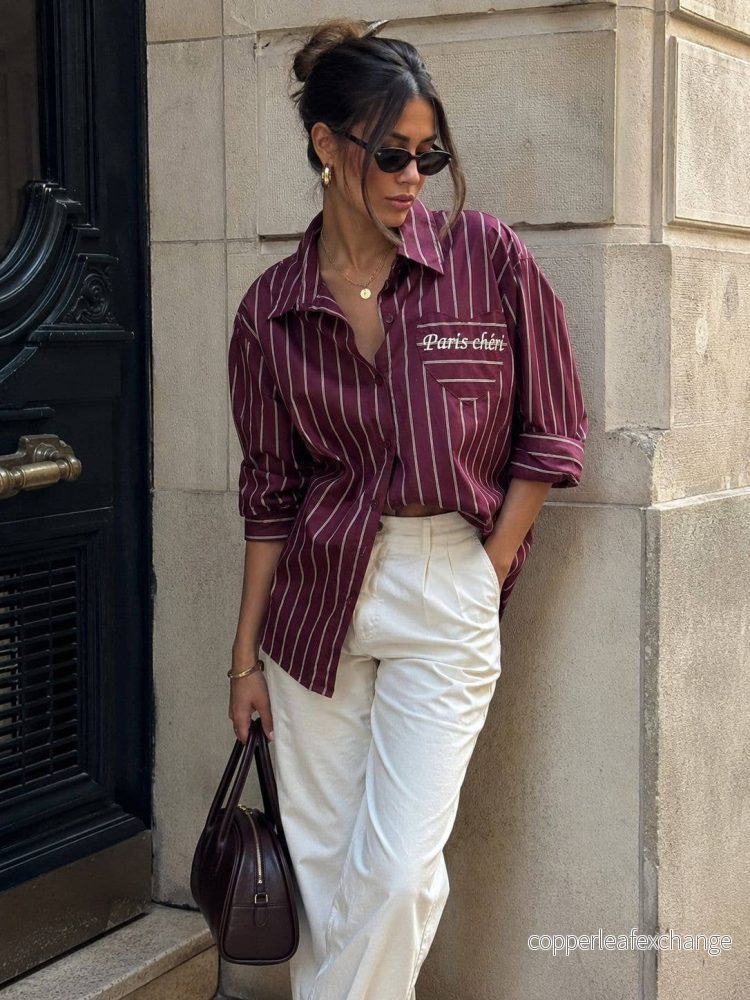 Mon Cheri Randig skjorta i bordeaux, oversize-passform WINE