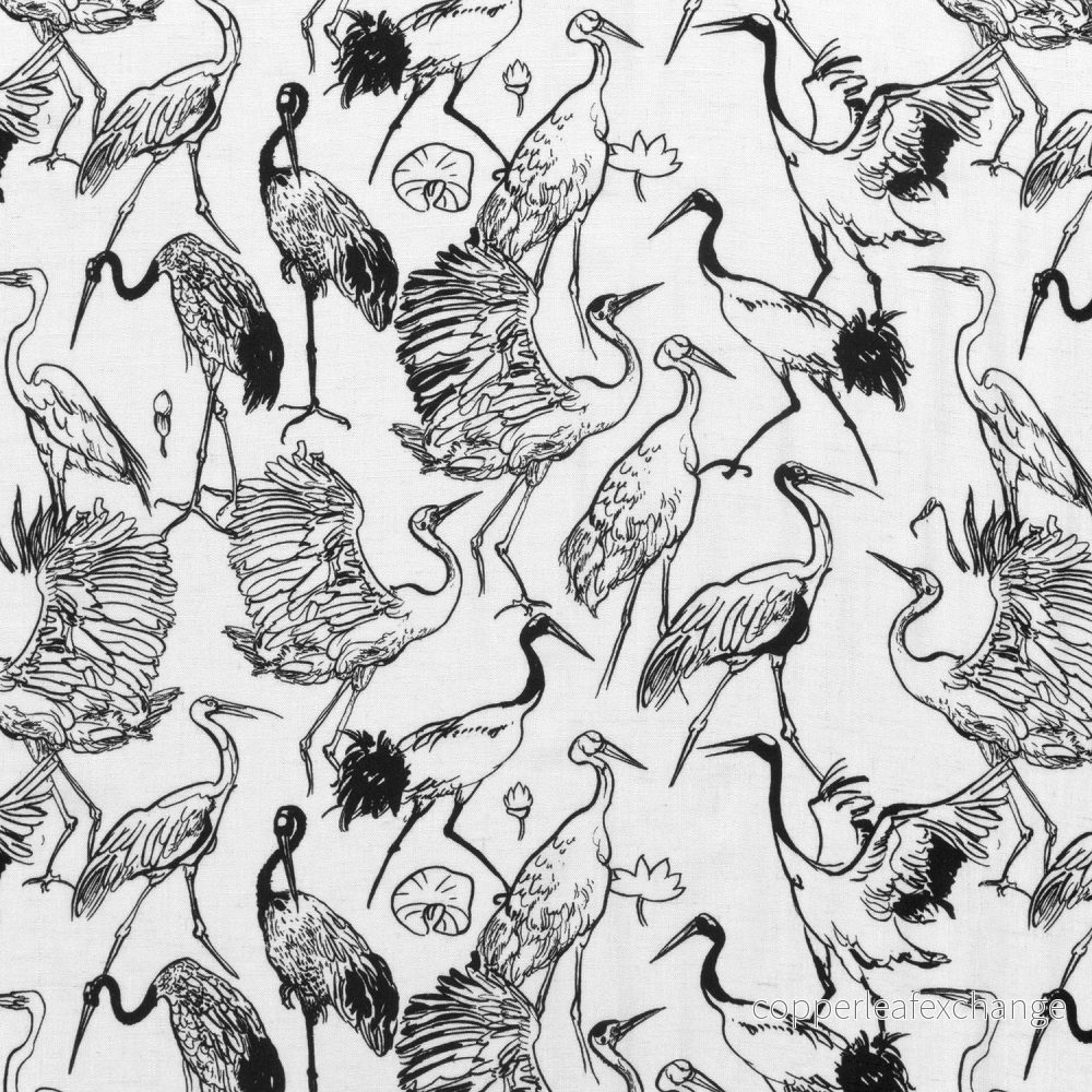 Patterned – Linen, viscose – Cranes – Black – White – 0505