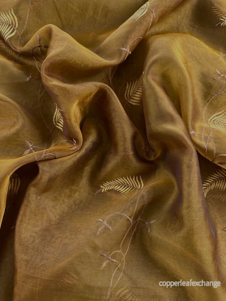 Vintage Embroidered Silk Organza – Golden Brown, Green – VS22