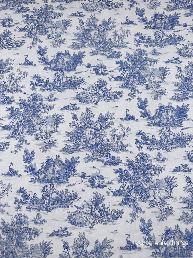 Tolie De Jouy Patterned Cotton Curtain Fabric – Double Width, 280 cm – Thin – Blue, White