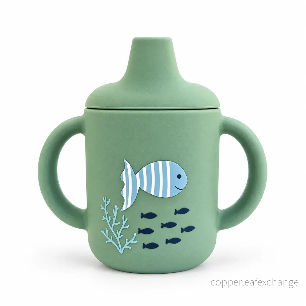 Spillfri silikonmugg med handtag – Cameo Green Ocean
