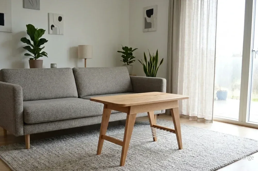 Vardagsrumsbord i massivt ek med dold låda med borstade mässing rundstav