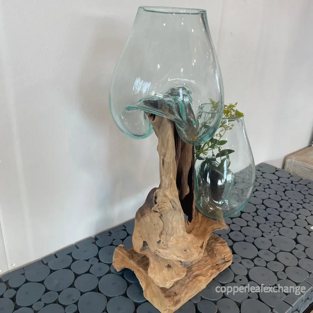 Twin Glasskål med Teakrot - Handblåst Glas 48×45 cm från Bali - Bild 3