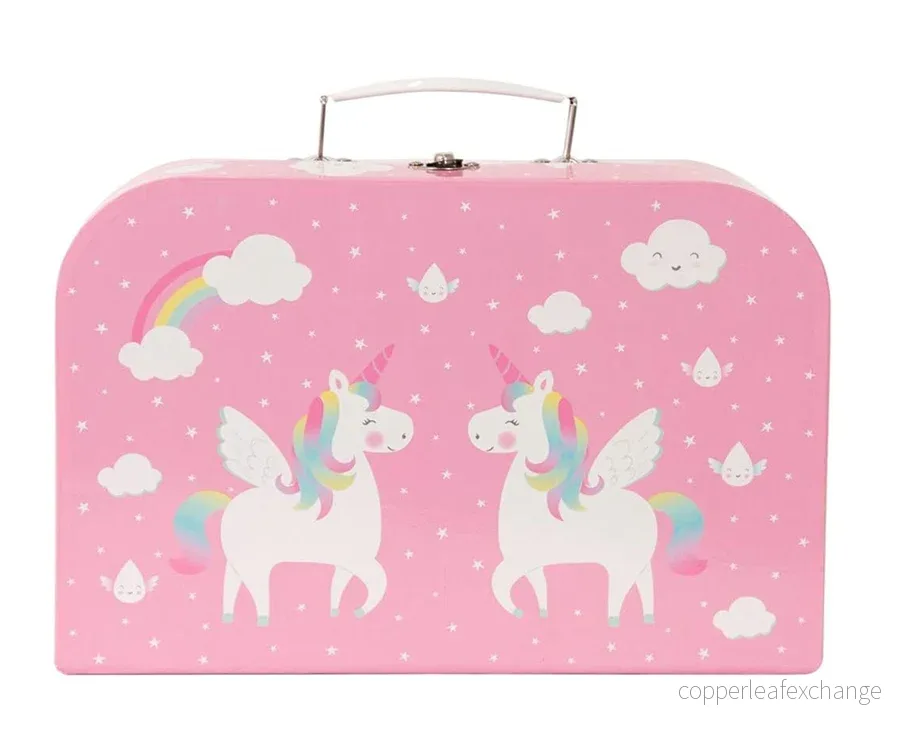 Leksaksservis i rosa väska med enhörning och regnbåge, teservis i plåt, barnservis unicorn - Bild 2