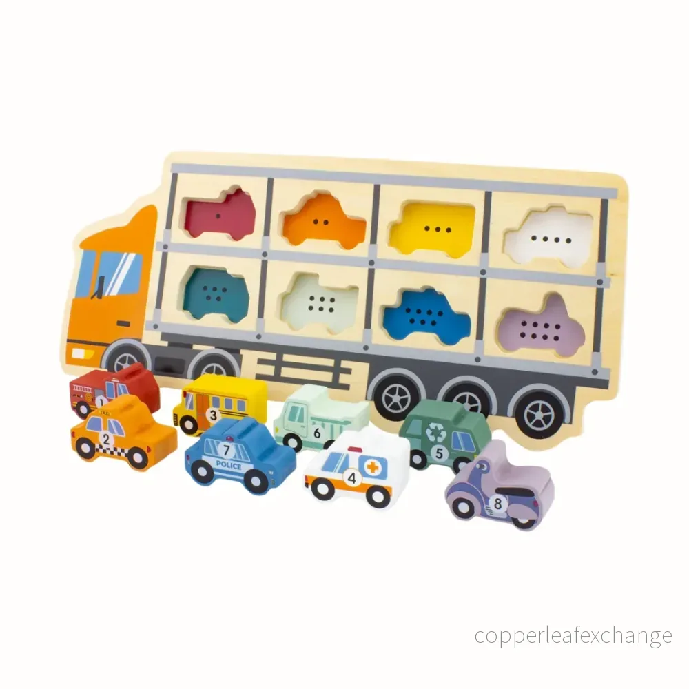 Träpussel med bilar – Car Carrying Truck Träpussel med bilar – Car Carrying Truck