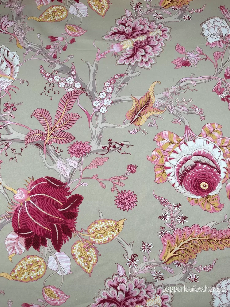 Patterned Cotton Curtain Fabric – Large Flower Motif – Double Width, 280cm – Beige, Pink