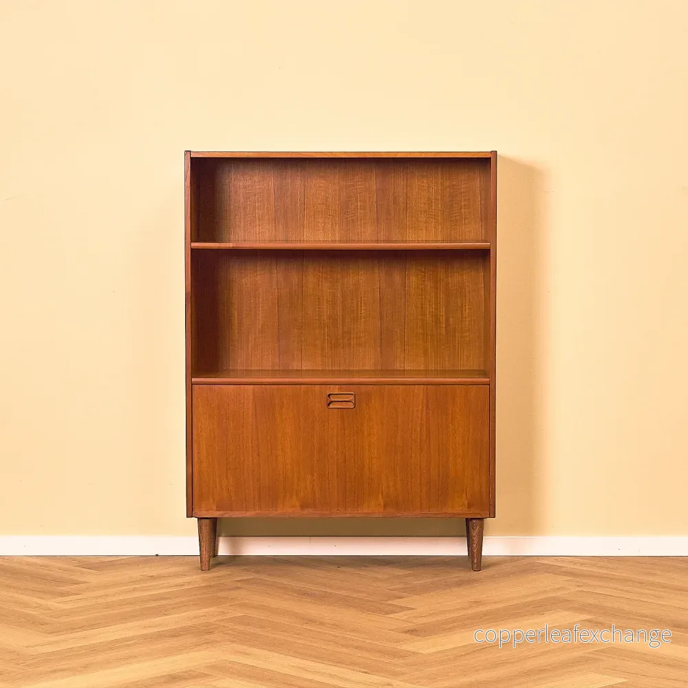 Teak Bookshelf with Drop-front Cabinet