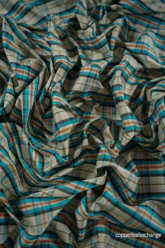 Vintage – Thai silk – Plaid – Turquoise, orange – VT55 Vintage – Thai silk – Plaid – Turquoise, orange – VT55