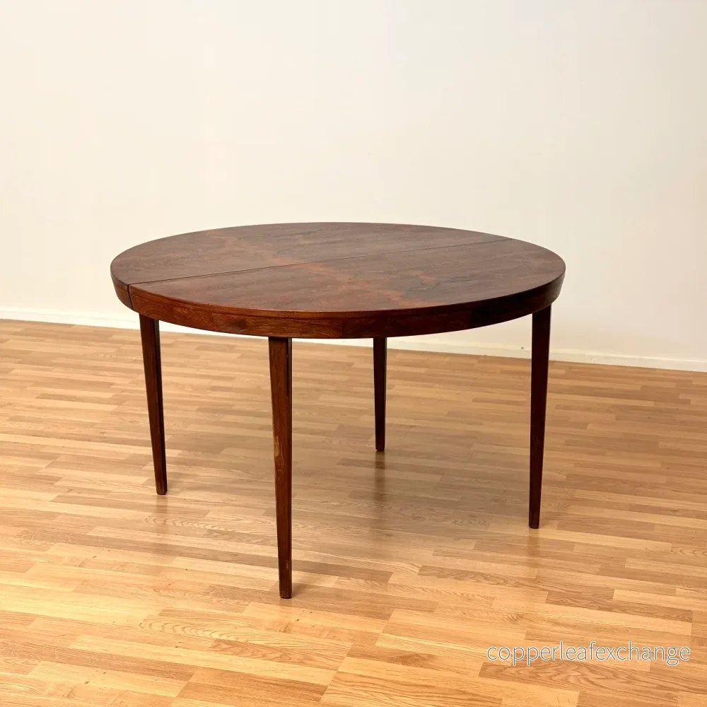 Rund matbord i Santos rosenträ med 1 iläggsskiva, 1950-60-tal, Danmark