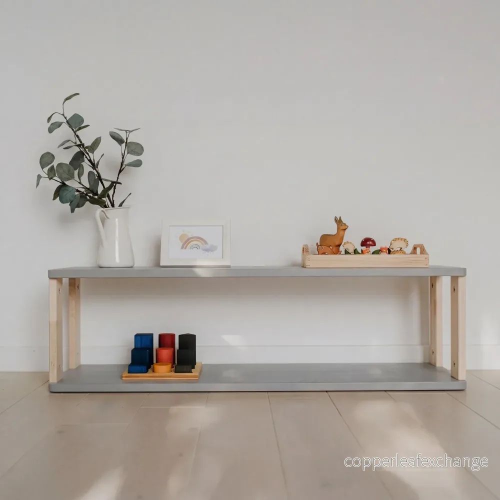 Modulär Montessori-hylla – 2 hyllplan, ljusgrå/klar olja