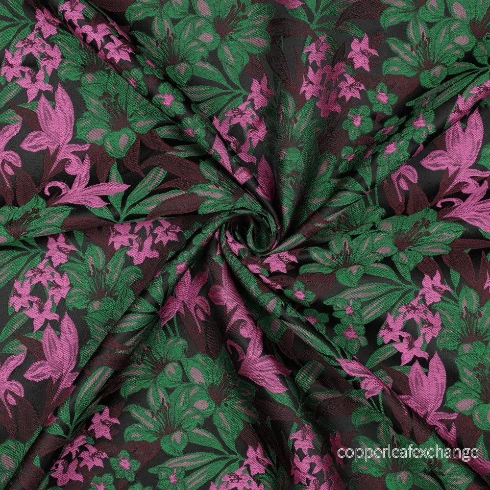 Patterned – Brocade – Floral – Dark green, pink – 001