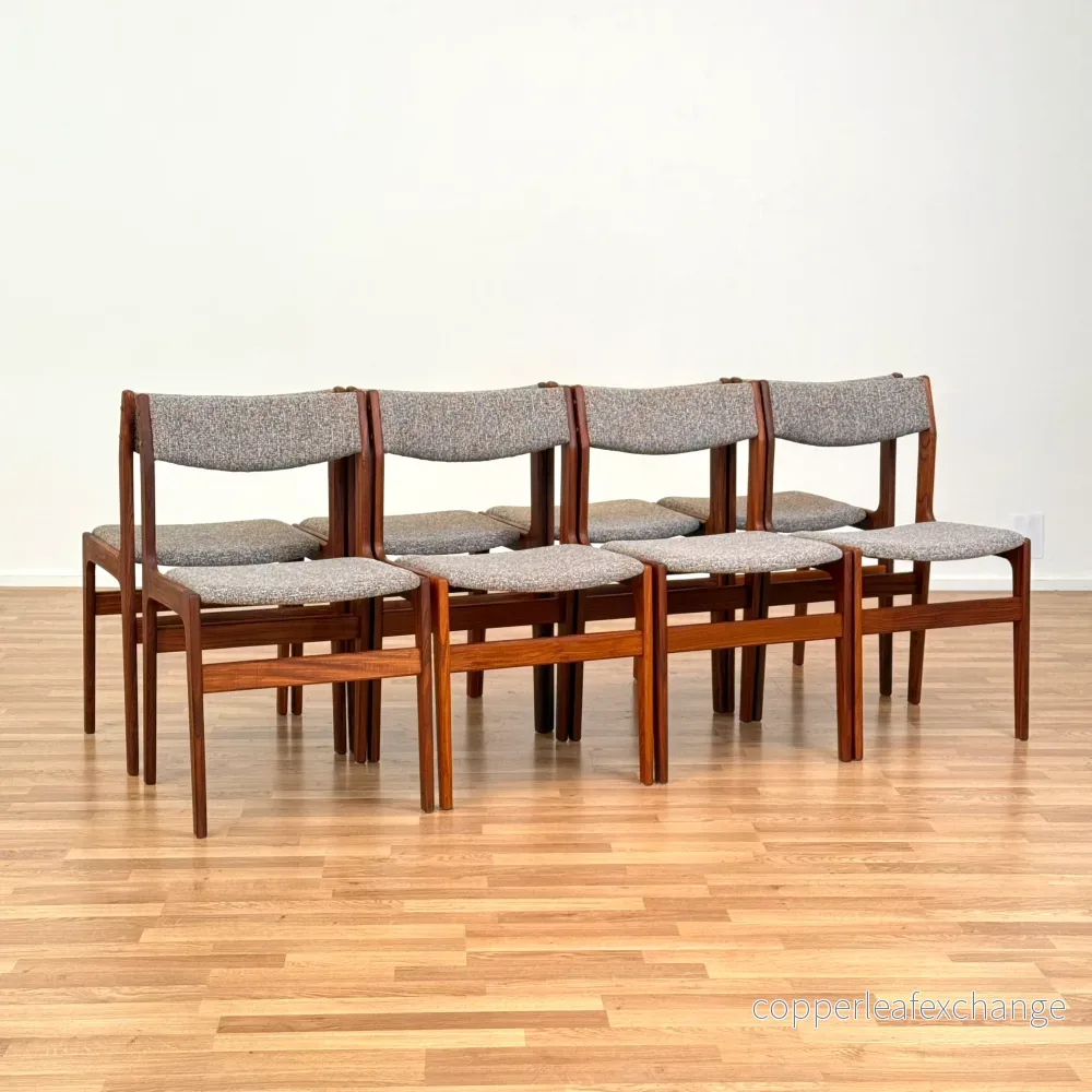 Såld uppsättning med 8 matstolar i teak, 1950-60-tal, Danmark