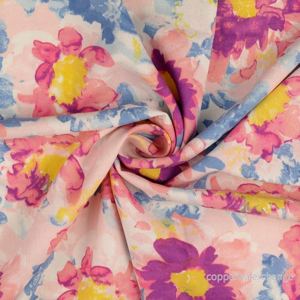 Patterned Linen Viscose Large Floral Pink & Blue Patterned Linen Viscose Large Floral Pink & Blue