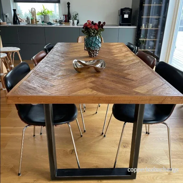 Zigzag Matbord Fiskbensmönster Teak 200x100 cm | Återvunnet Trä Svarta Ben - Bild 2