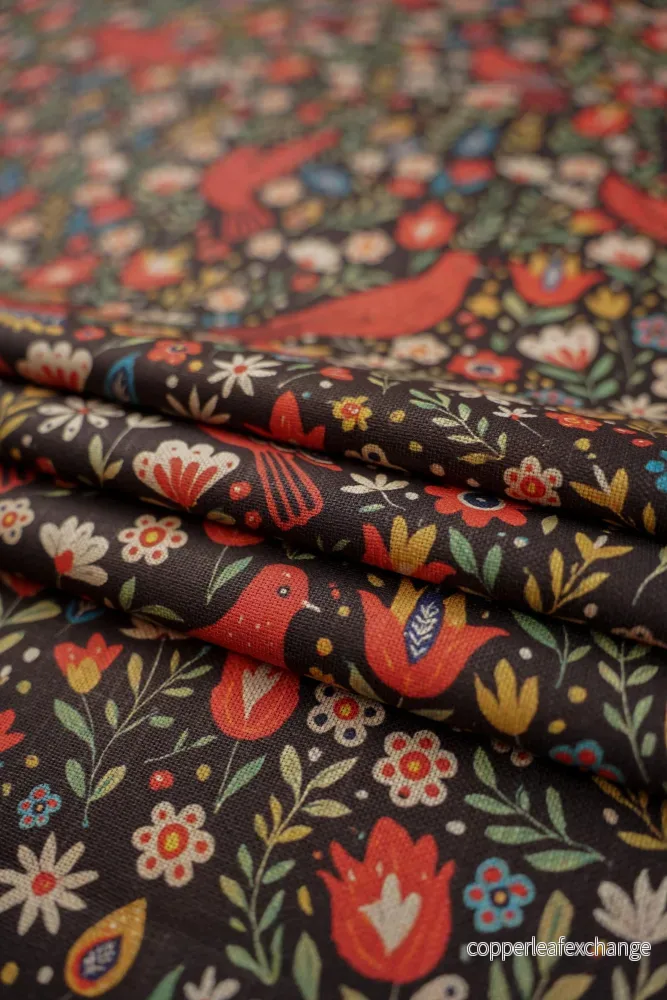 Patterned – Curtain fabric – Furnishings – Cotton/Linen – Allmoge – Red bird