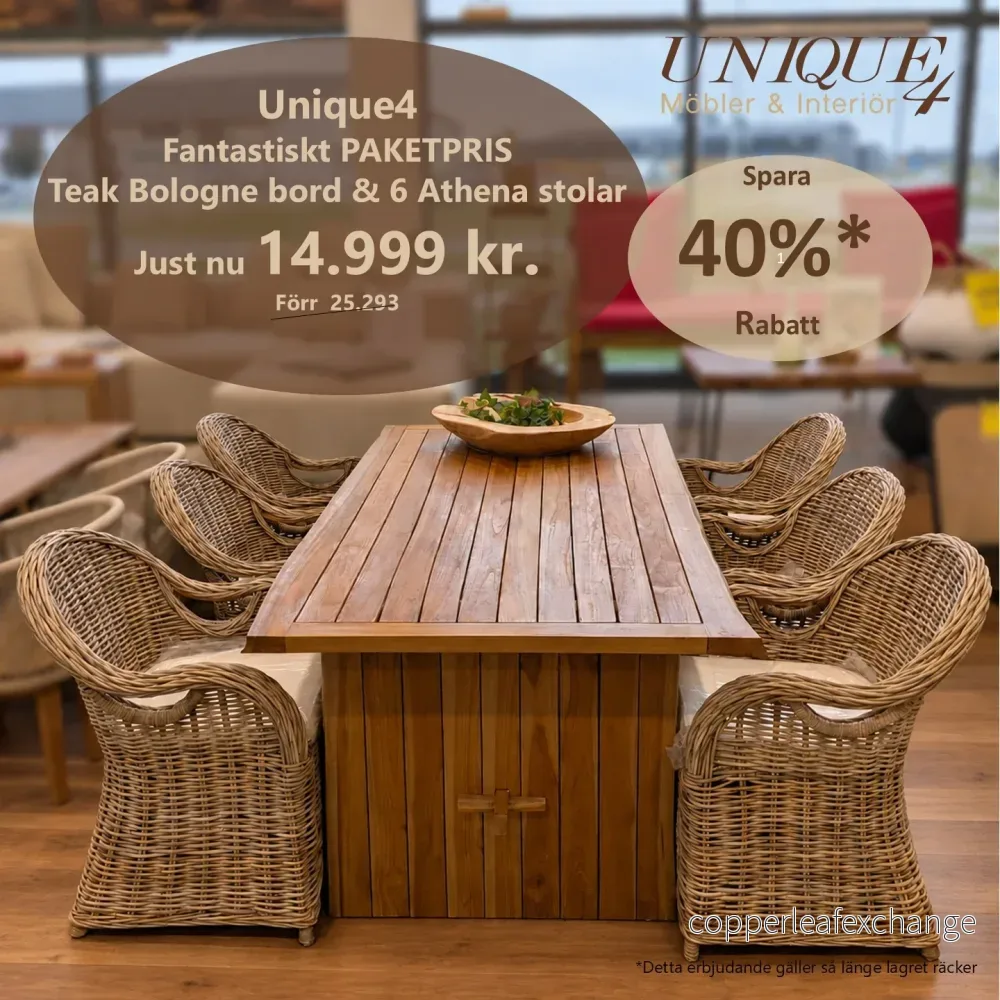 Bologne matgrupp i teak med 6 Athena-stolar Bologne matgrupp i teak med 6 Athena-stolar