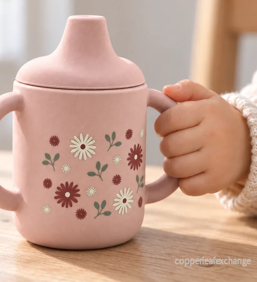 Spillfri silikonmugg med handtag – Pale Mauve Flowers - Bild 2