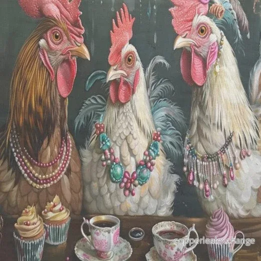 Tre höns med kaffe – enskilda decoupage konstark Tre höns med kaffe – enskilda decoupage konstark