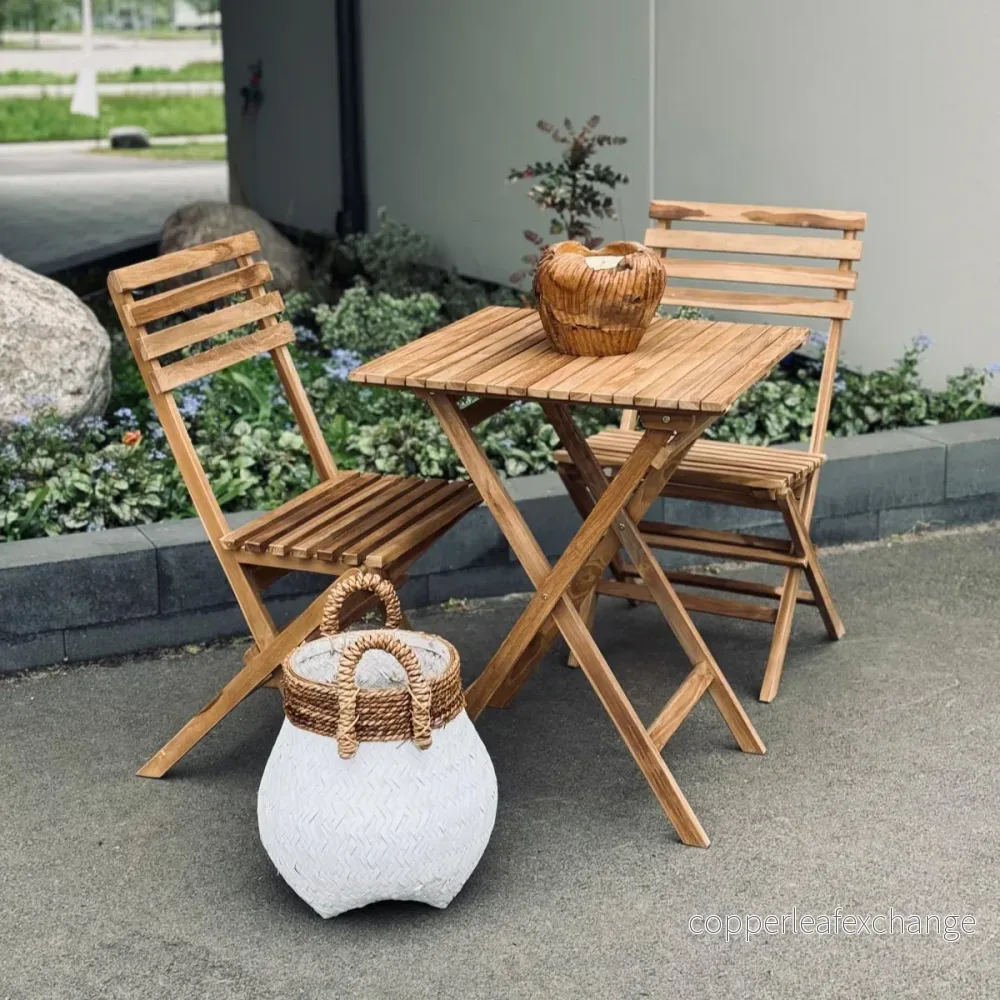 PARIS CAFÉ SET i Återvunnet Teak – Hopfällbart Bord & 2 Stolar - Bild 2
