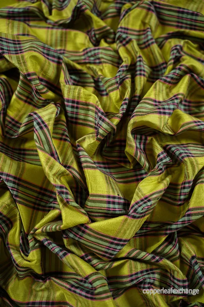 Vintage – Thai Silk – Plaid – Lime Yellow – VT59 Vintage – Thai Silk – Plaid – Lime Yellow – VT59