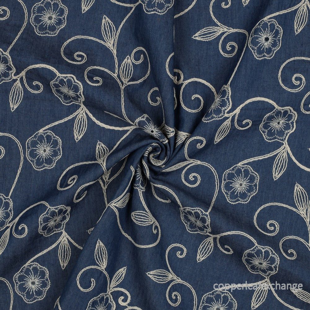 Cotton – Denim – Embroidered – Flowers – Blue – 001 Cotton – Denim – Embroidered – Flowers – Blue – 001