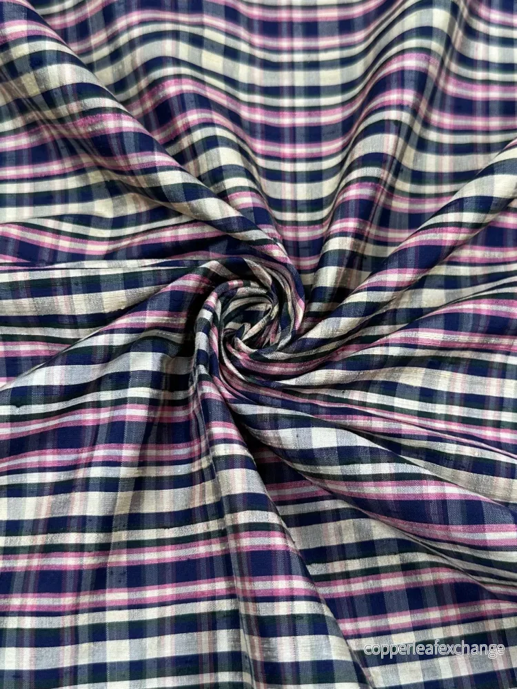 Vintage – Thai Silk – Plaid – Yellow, Navy Blue, Pink – VT33 Vintage – Thai Silk – Plaid – Yellow, Navy Blue, Pink – VT33