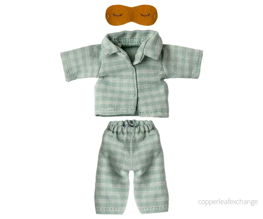 Maileg – Pyjamas för pappa mus i mint / sand, rutig skjorta och byxor med ögonmask