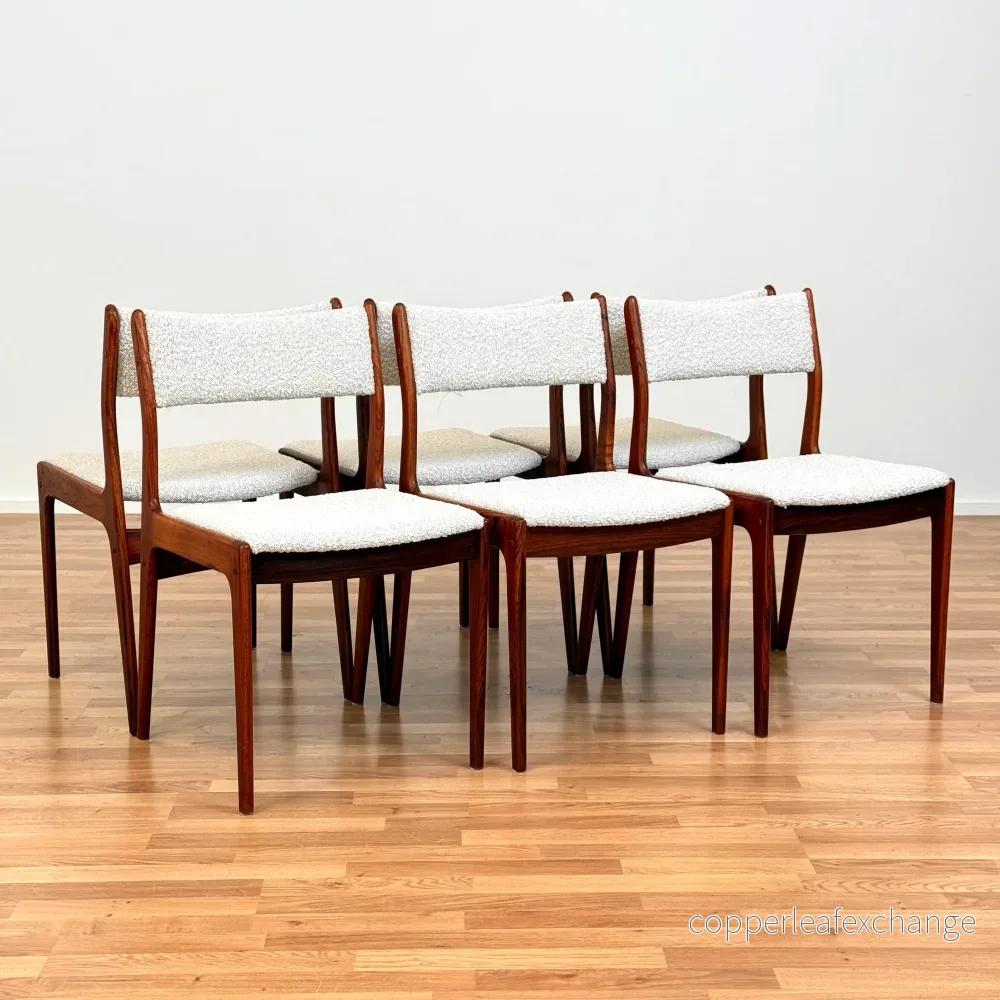 Set om 6 matstolar i Santos rosenträ, av Uldum Mobelfabrik, 1950-60-tal, Danmark