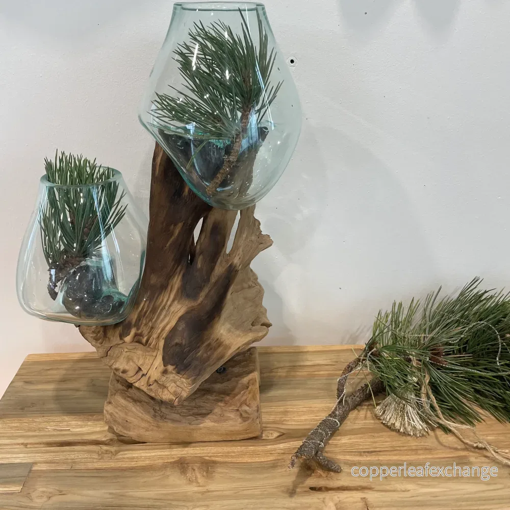 Twin Glasskål med Teakrot - Handblåst Glas 48×45 cm från Bali