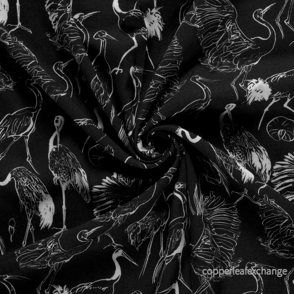 Patterned – Linen, viscose – Cranes – Black – 069
