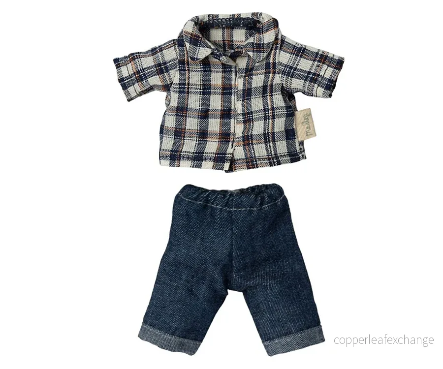 Maileg – Kläder till pappa mus, rutig skjorta och byxor, jeans