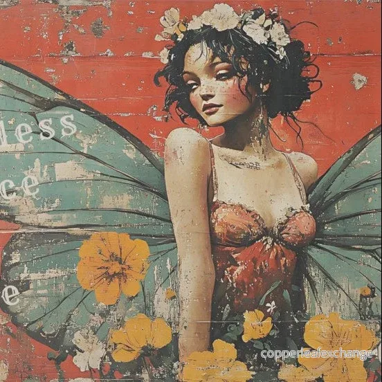 Vintage fe och texter – enstaka decoupage konstark Vintage fe och texter – enstaka decoupage konstark