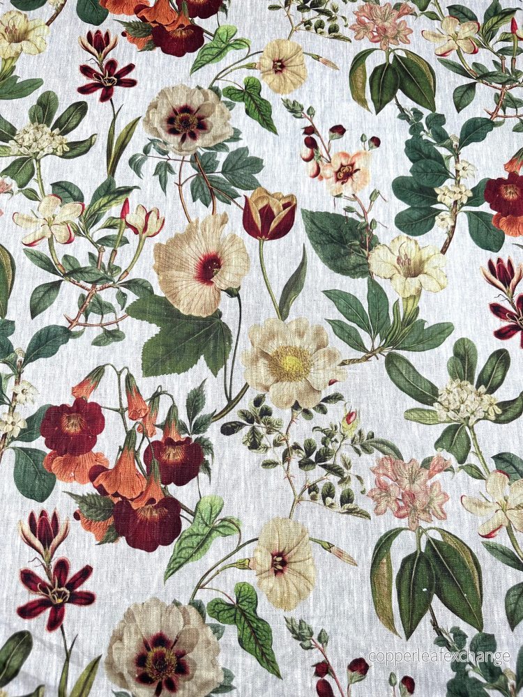 Patterned Curtain Fabric in Beautiful Flower Motif – Linen – Grey, Green, Red, Cream Patterned Curtain Fabric in Beautiful Flower Motif – Linen – Grey, Green, Red, Cream