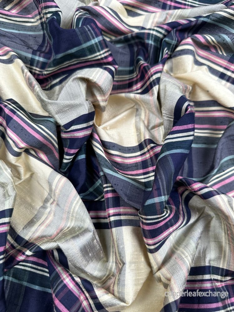 Vintage – Thai Silk – Large Check – Yellow, Navy Blue, Pink – VT29 Vintage – Thai Silk – Large Check – Yellow, Navy Blue, Pink – VT29